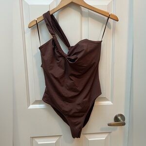 One-Shoulder Brown Twist Front Bodysuit